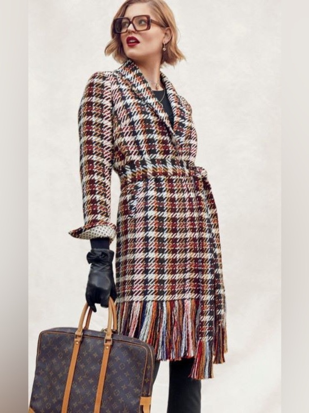 Cabi Regency Coat Tweed Plaid Fringe Hem SZ M